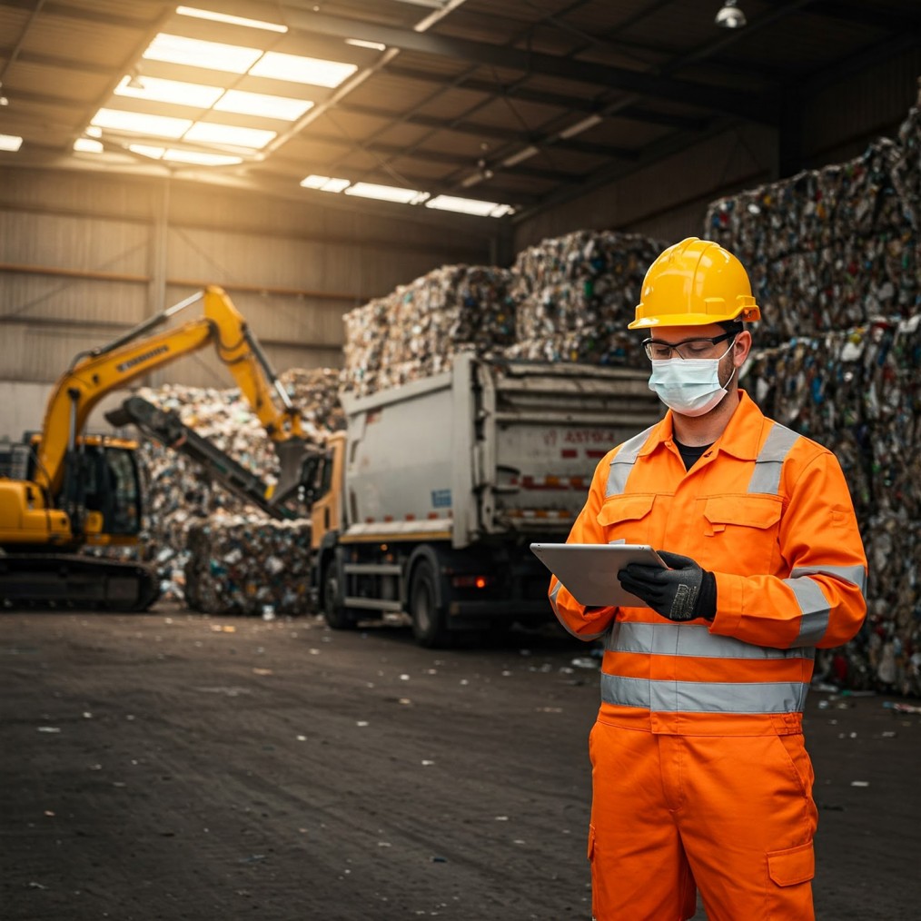 Worker in orange safety gear, hard hat, gloves, and face mask holding a tablet inside a recycling facility with packed bales and machinery in the background.