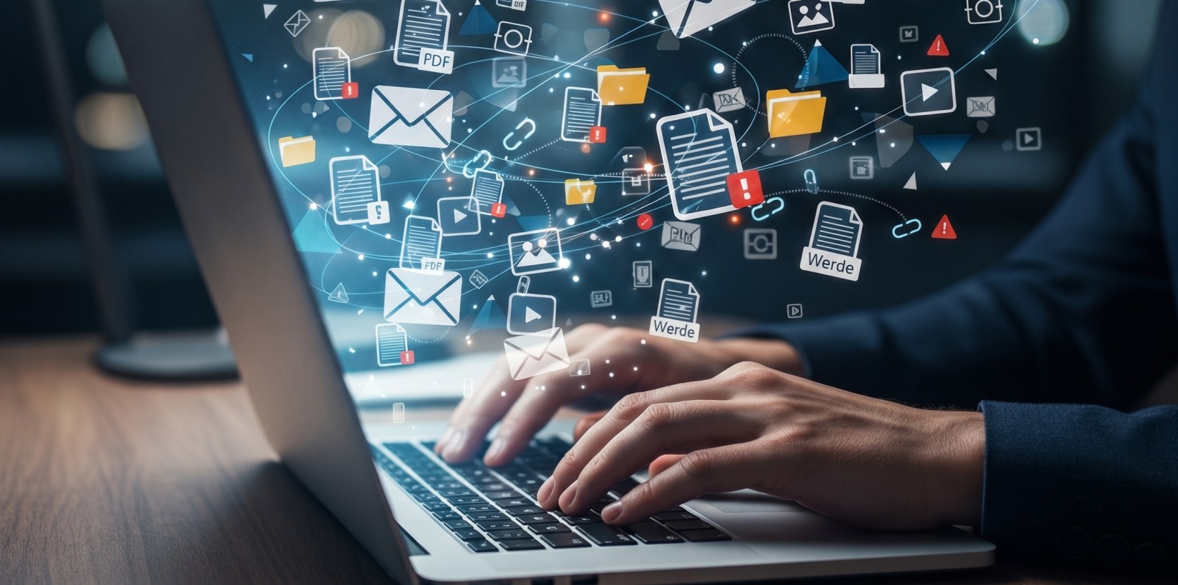 Person typing on a laptop keyboard with floating digital icons of files, emails, folders, and alerts symbolizing data and communication.