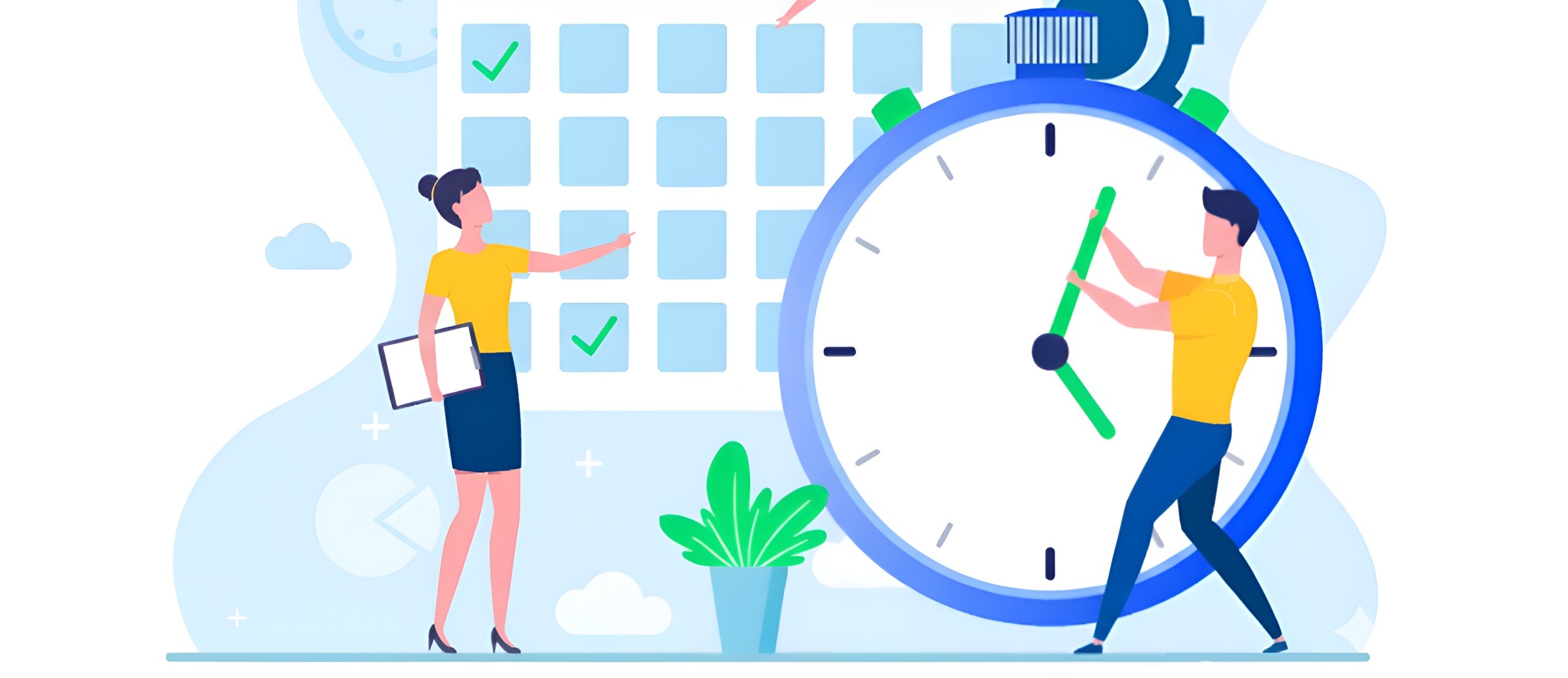 Illustration of a woman pointing at a calendar with checked dates while a man adjusts the hands of a large stopwatch.