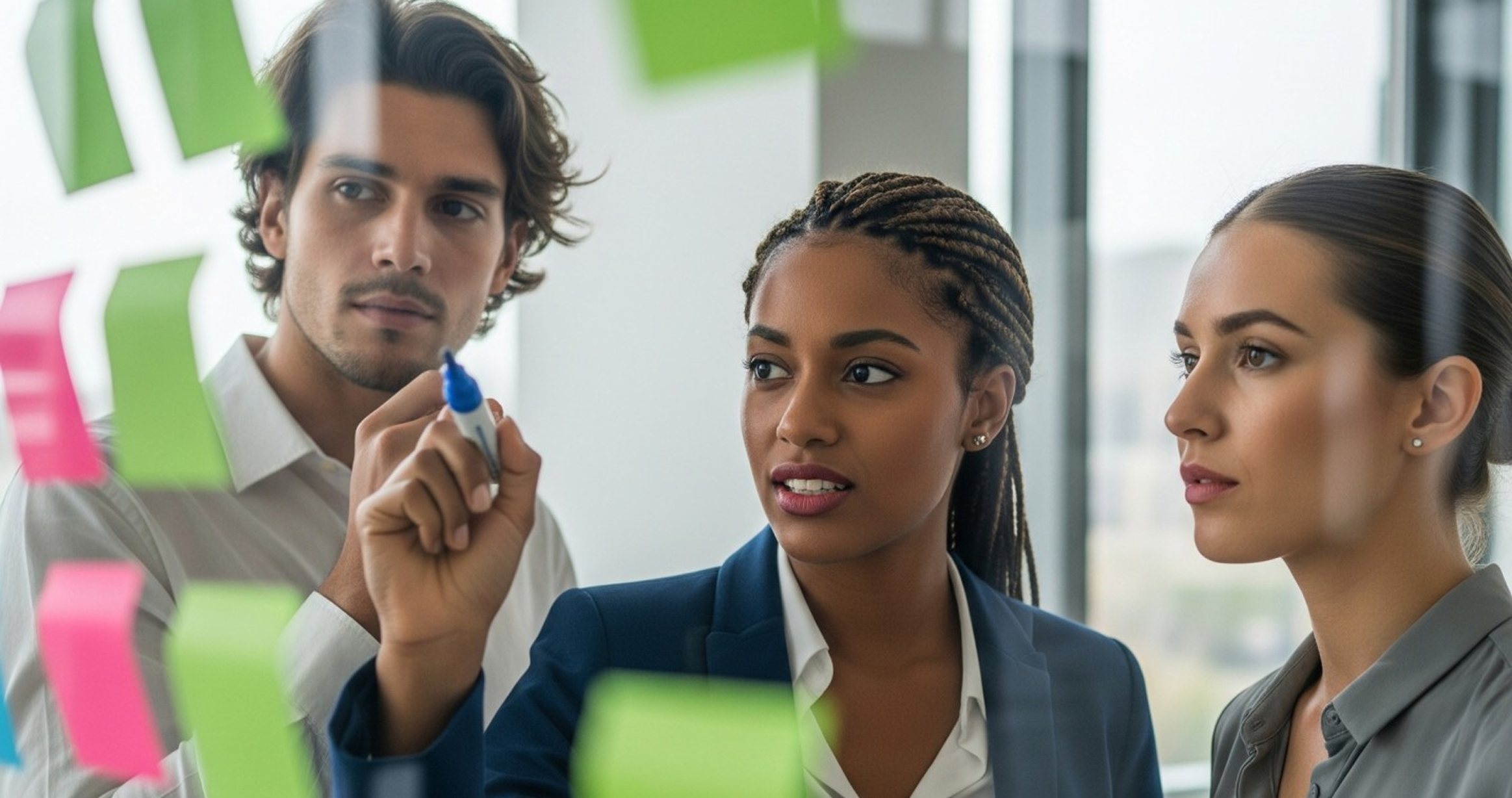 Three business professionals collaborating and writing on a glass wall covered with colorful sticky notes.