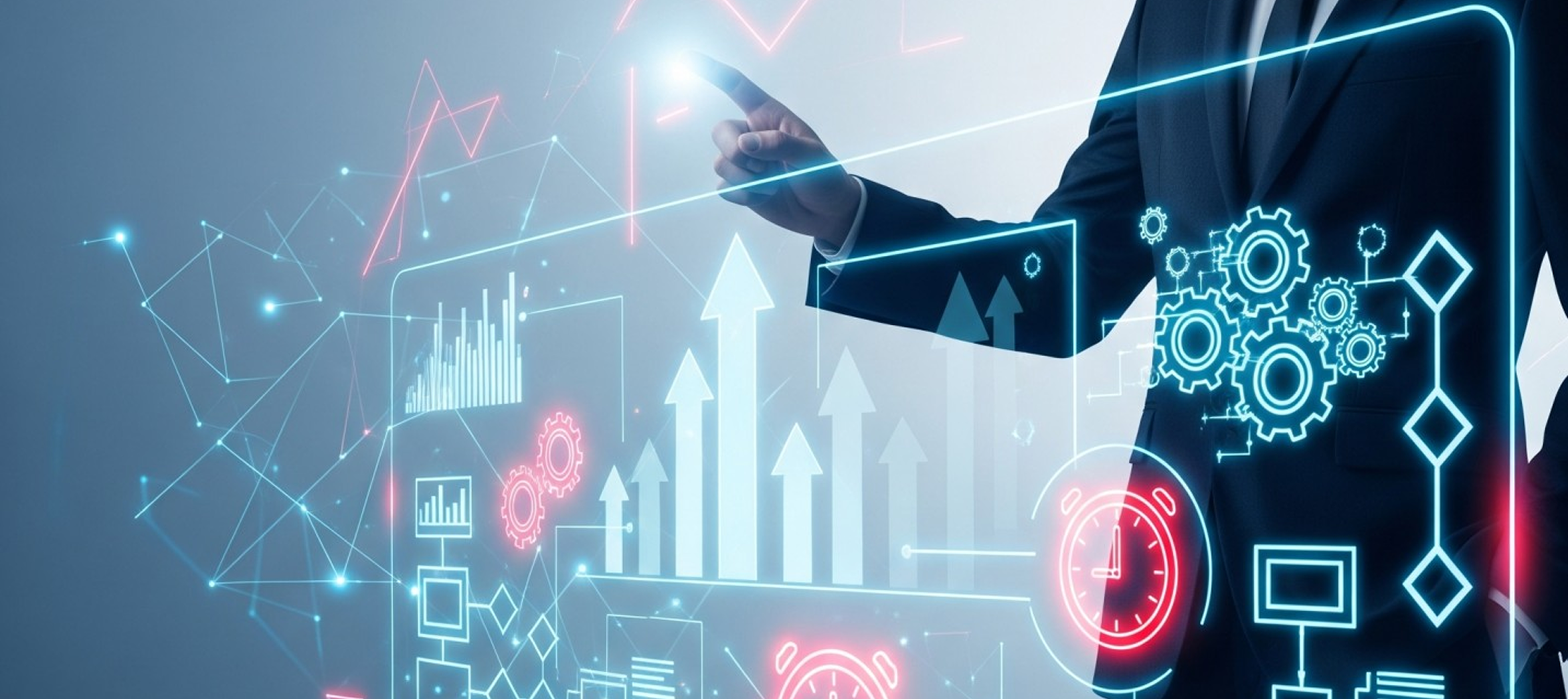 Person in business suit interacting with virtual interface showing upward arrows, graphs, gears, and clock icons symbolizing growth and productivity.