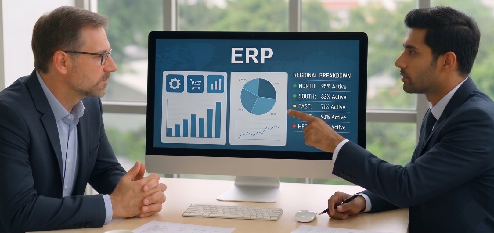 Two businessmen in suits discussing ERP software dashboard displaying bar chart, pie chart, and regional activity breakdown.