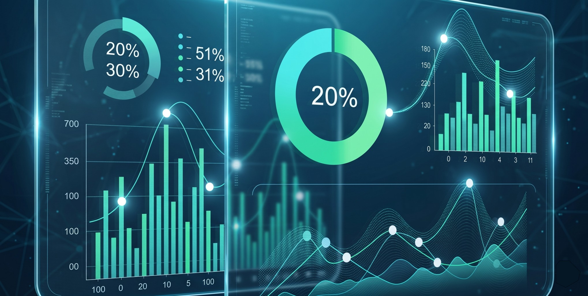 Futuristic digital dashboard displaying bar charts, line graphs, and circular percentage indicators in blue-green tones.