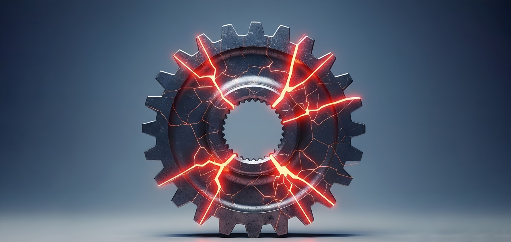 Metal gear with glowing red cracks radiating from the center on a dark gradient background.