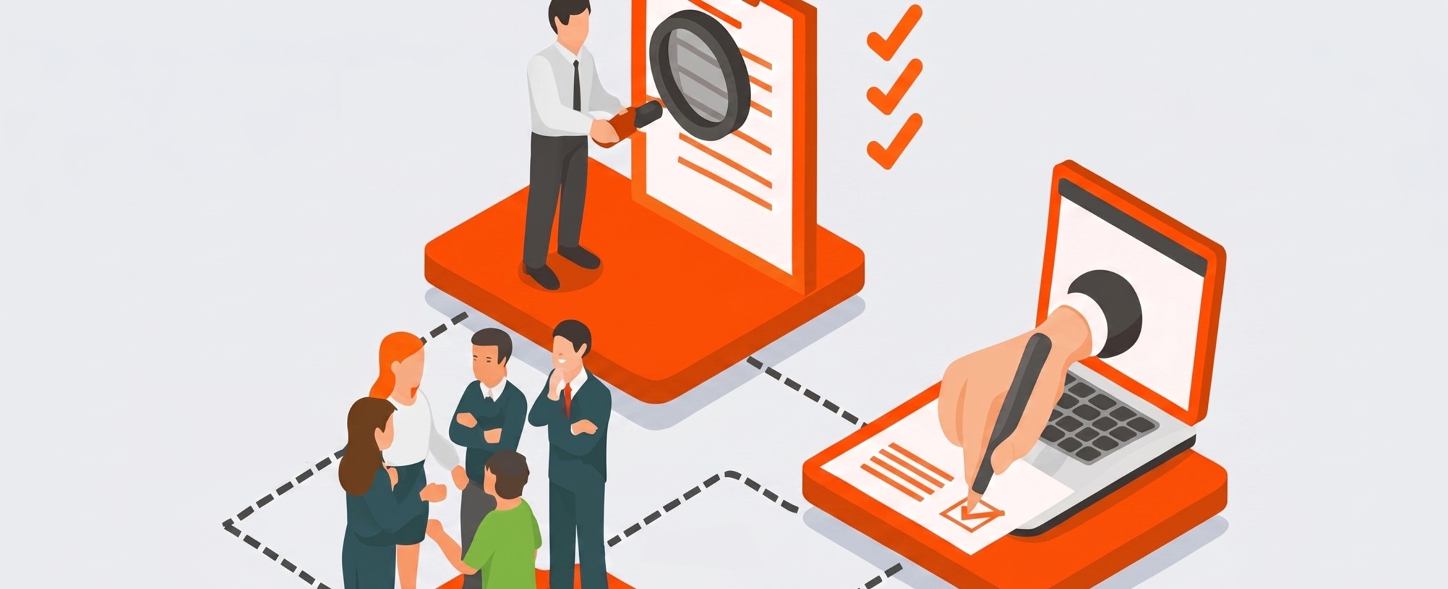 Illustration of business professionals discussing next to a figure examining a checklist with a magnifying glass and a hand checking a box on a laptop screen.
