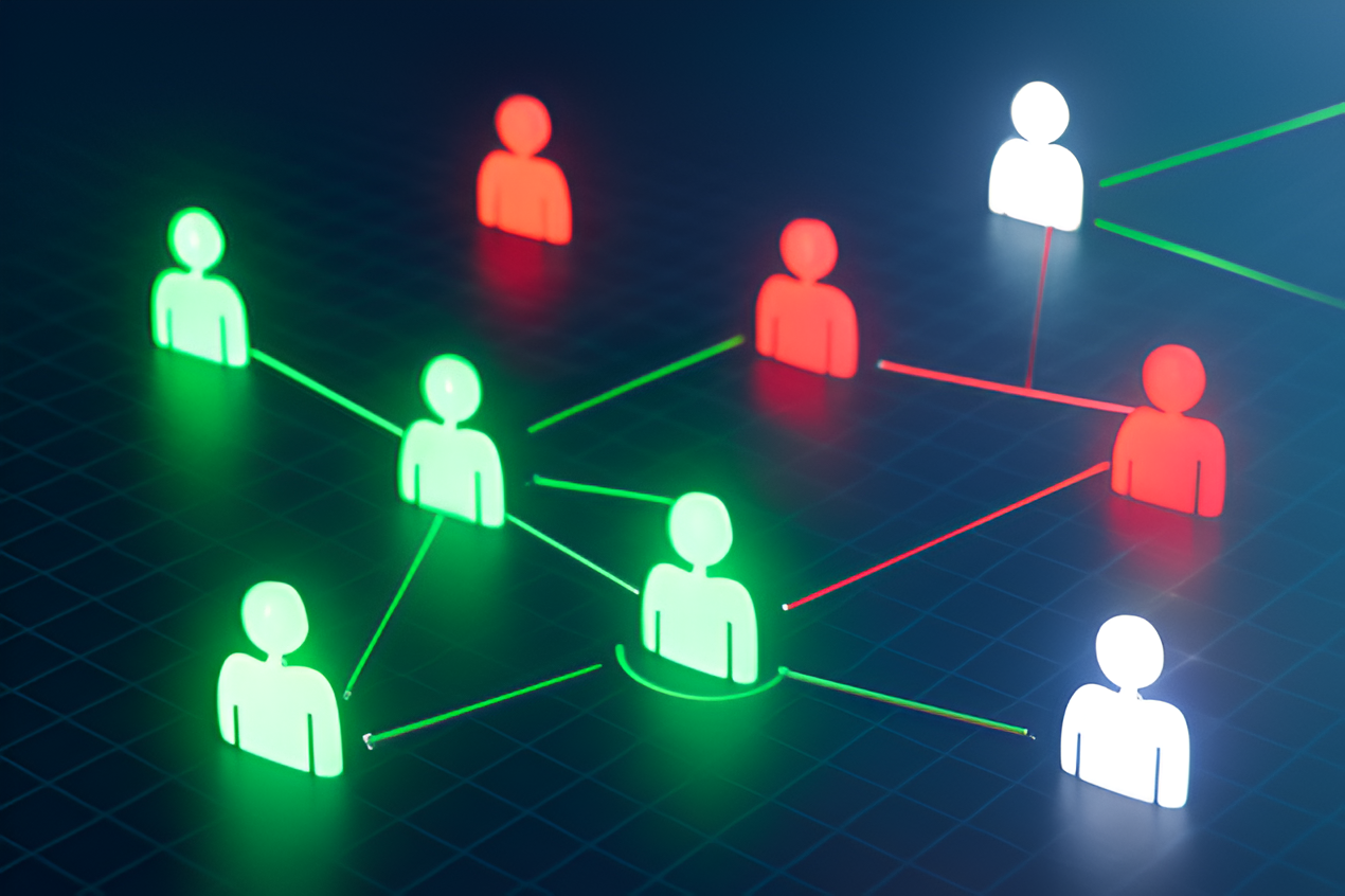 Digital network diagram with interconnected green, red, and white person icons on a dark grid background.