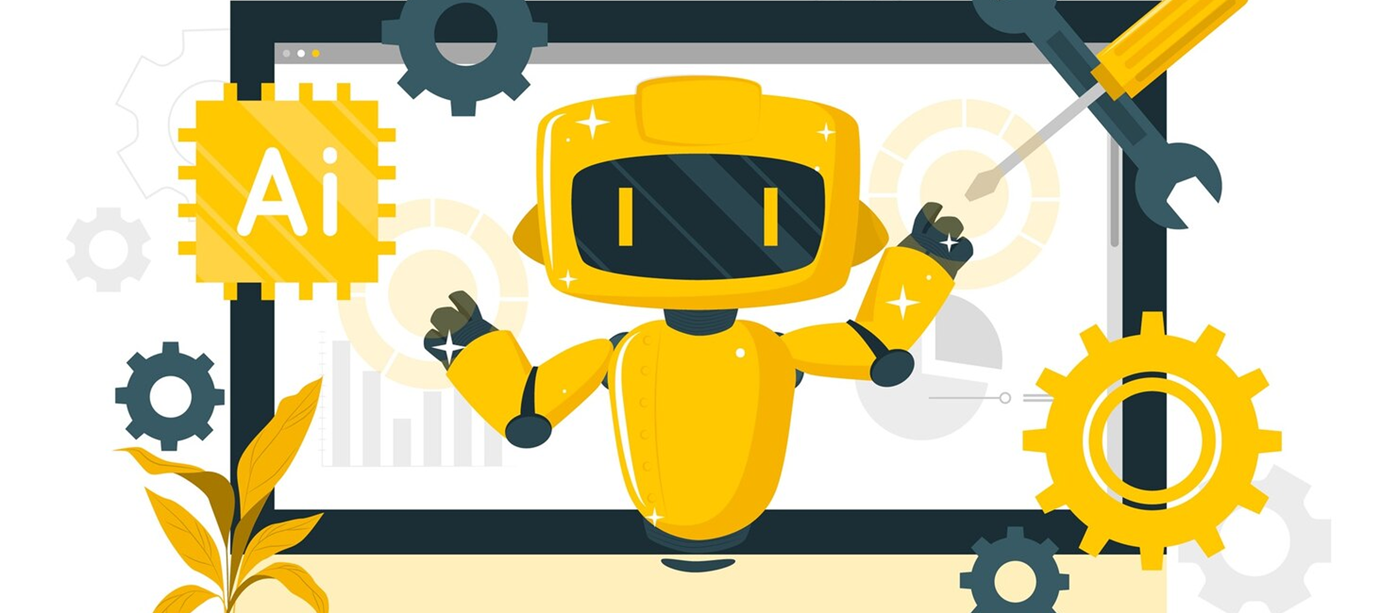 Yellow robot with a large black visor emerging from a computer screen surrounded by gears, a screwdriver, wrench, and an AI chip icon.
