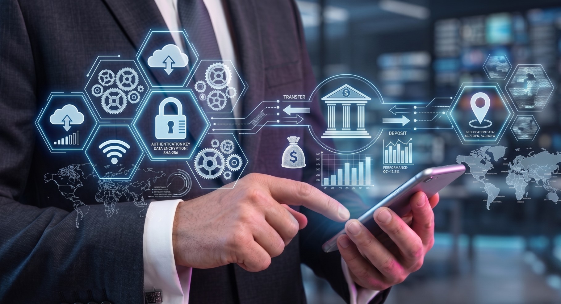 Businessman in suit using smartphone with futuristic financial data, security, and geolocation icons floating above.