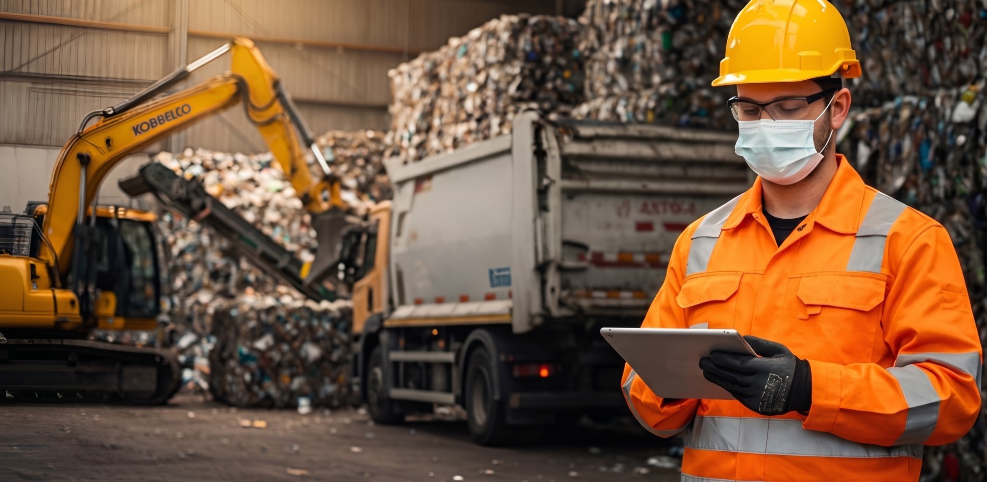 Worker in orange safety gear, helmet, gloves, and mask using a tablet at a recycling facility with machinery and compacted waste in the background.