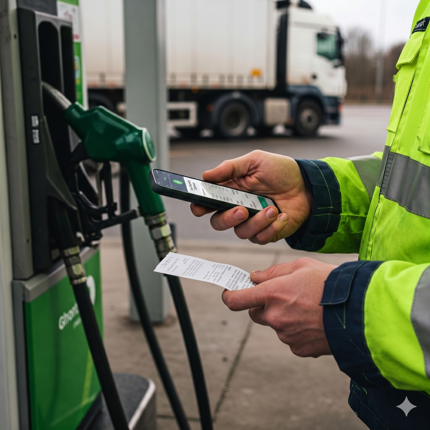 Person in a high-visibility jacket holding a smartphone and a receipt near a fuel pump at a gas station.