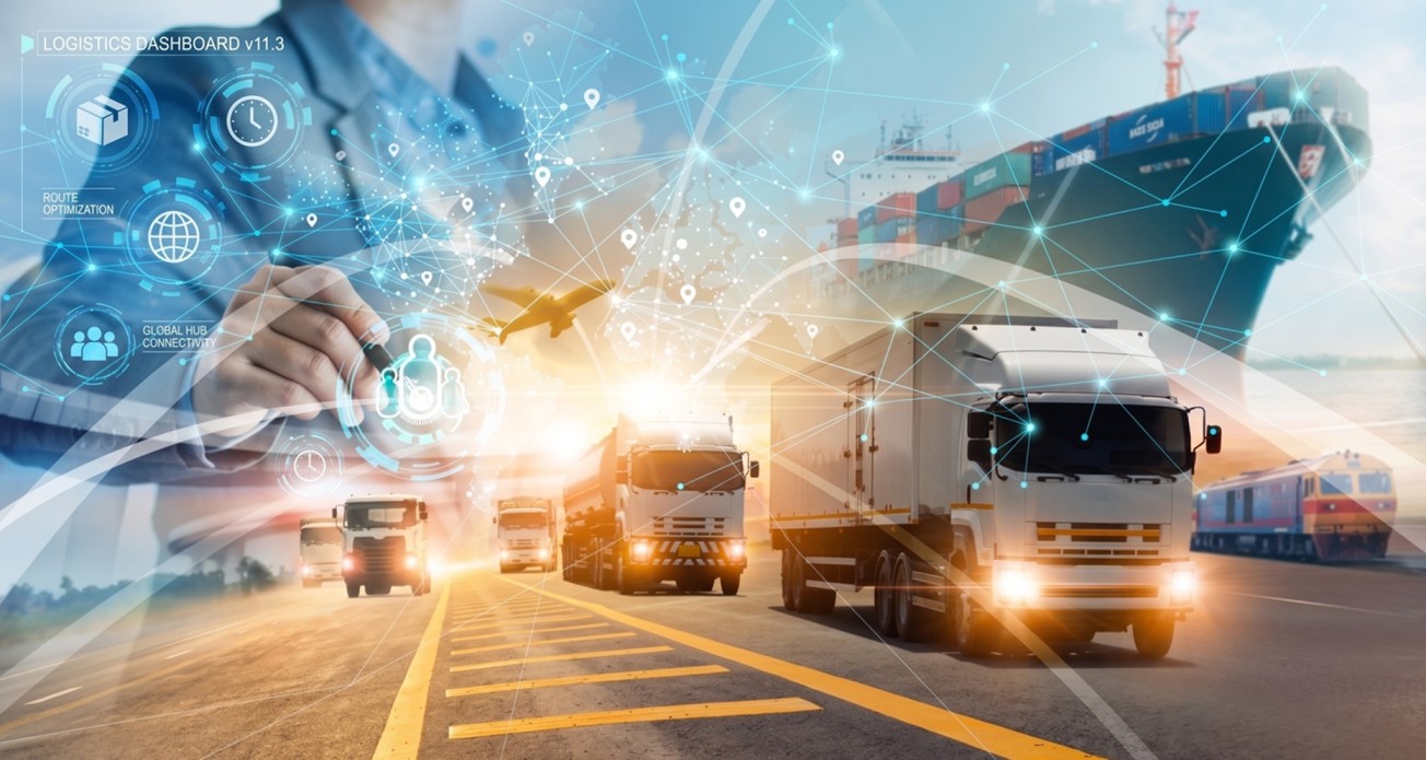 Logistics concept with trucks, cargo ship, airplane, and train overlaid with digital network icons and a person writing on a transparent screen.