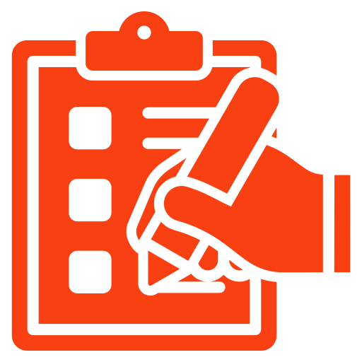 Red icon of a hand holding a pen and checking off items on a clipboard checklist.