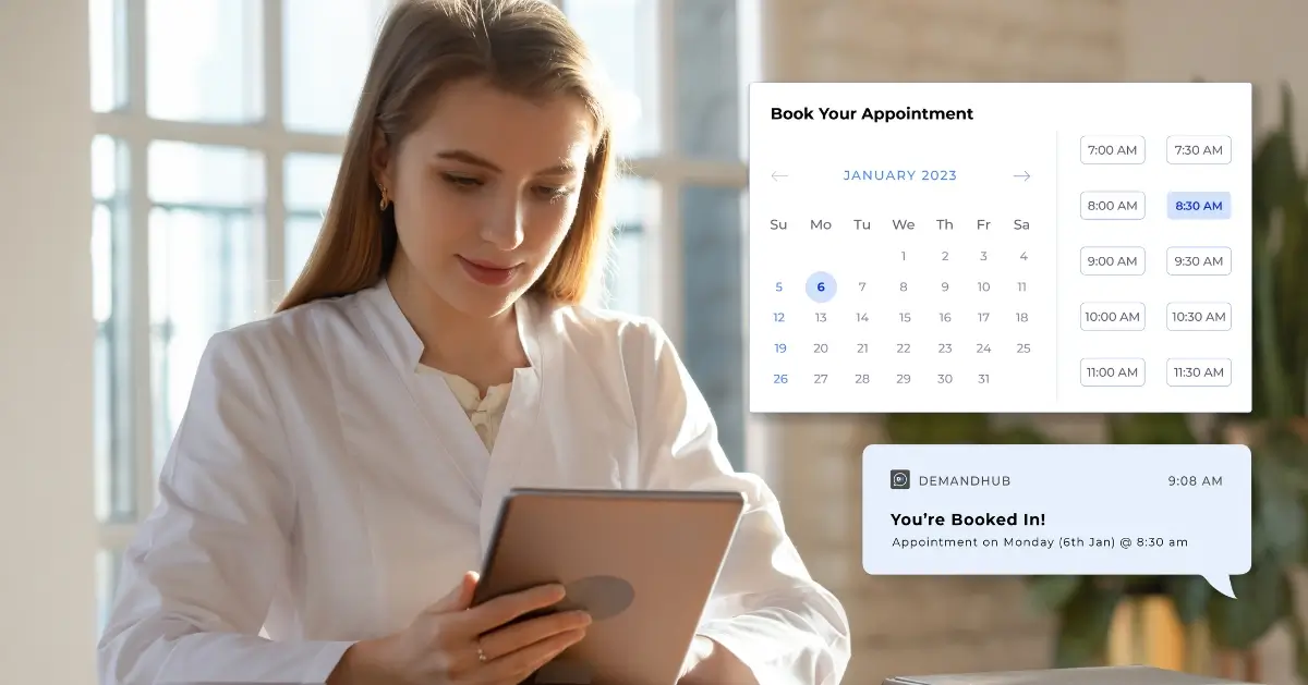 Woman in white coat using a tablet with overlay showing an appointment booking calendar for January 2023 and a confirmation message for a Monday, January 6th appointment at 8:30 am.
