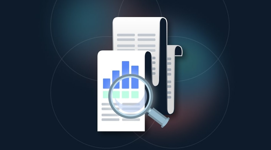 Illustration of documents with a bar chart and text, partially covered by a magnifying glass.