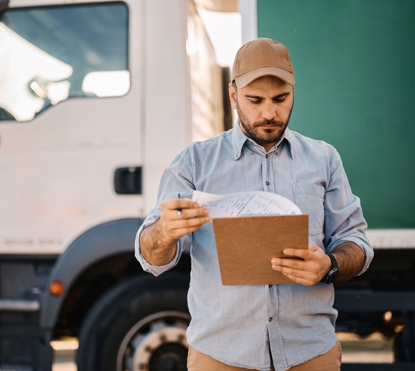 Man in a brown cap and blue shirt reviewing papers on a clipboard in front of a white delivery truck.
