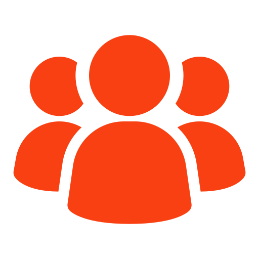 Icon of three people silhouettes in orange representing a group or team.