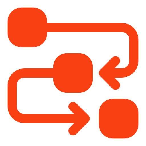 Red flowchart icon with three rounded squares connected by curved arrows indicating a workflow.