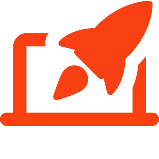 Icon of an orange rocket launching from a laptop screen.