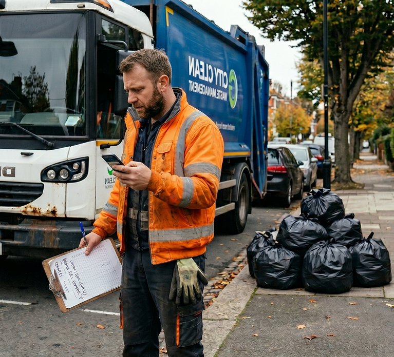 Sanitation worker in an orange reflective jacket checking a phone and holding a clipboard near a City Clean waste management truck and stacked garbage bags on a sidewalk.