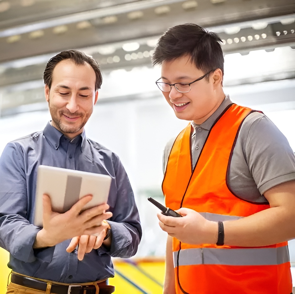 Two men in a warehouse setting reviewing information on a tablet, one wearing an orange safety vest and holding a walkie-talkie.