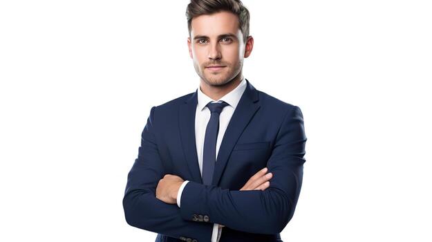 Confident young man with short brown hair wearing a navy blue suit, white shirt, and navy tie, standing with arms crossed against a white background.
