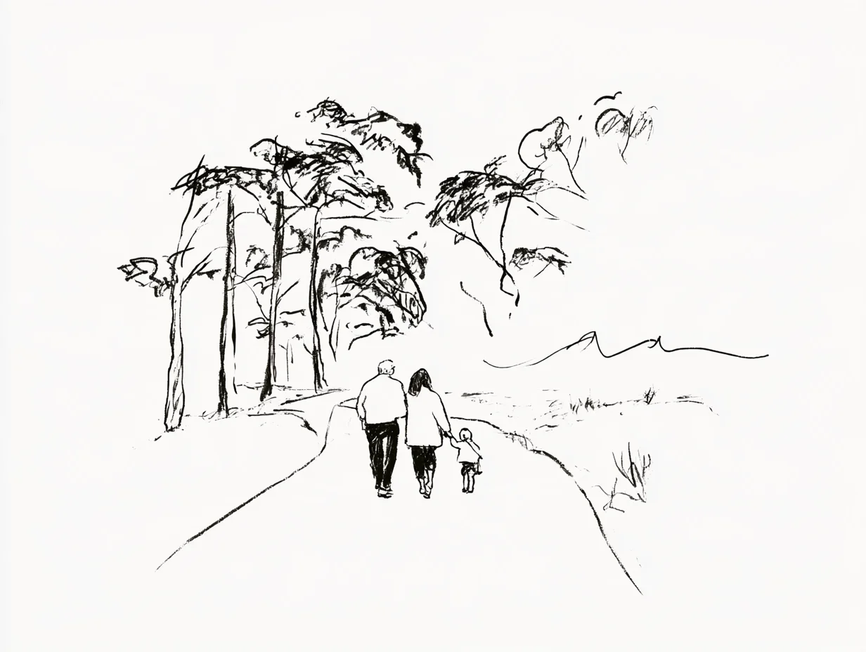 Ink drawing of three generations walking hand in hand along a path beneath tall gum trees