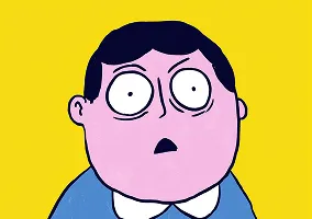 Confused cartoon character with glasses on yellow background