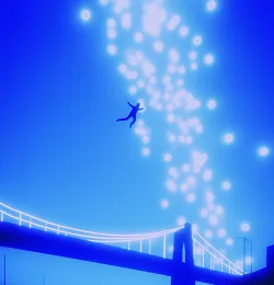 Sparkling particles flowing upward in blue scene