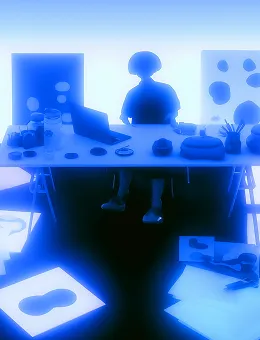 Digital workspace with multiple screens in blue tone