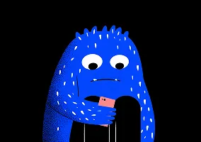 Blue furry creature with small eyes sitting