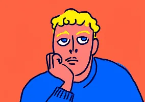 Cartoon man thinking with hand on chin on orange background