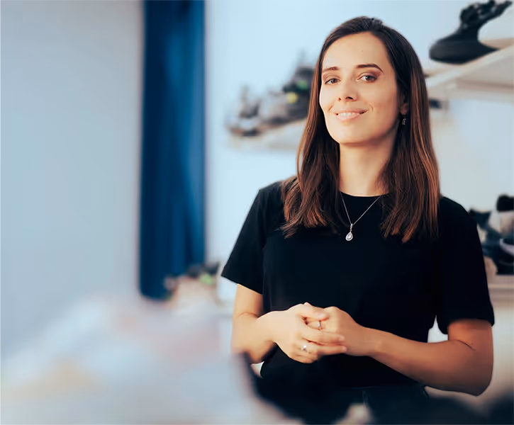 Donna sorridente con maglietta nera e collana in negozio di scarpe, con scaffali di scarpe sullo sfondo.