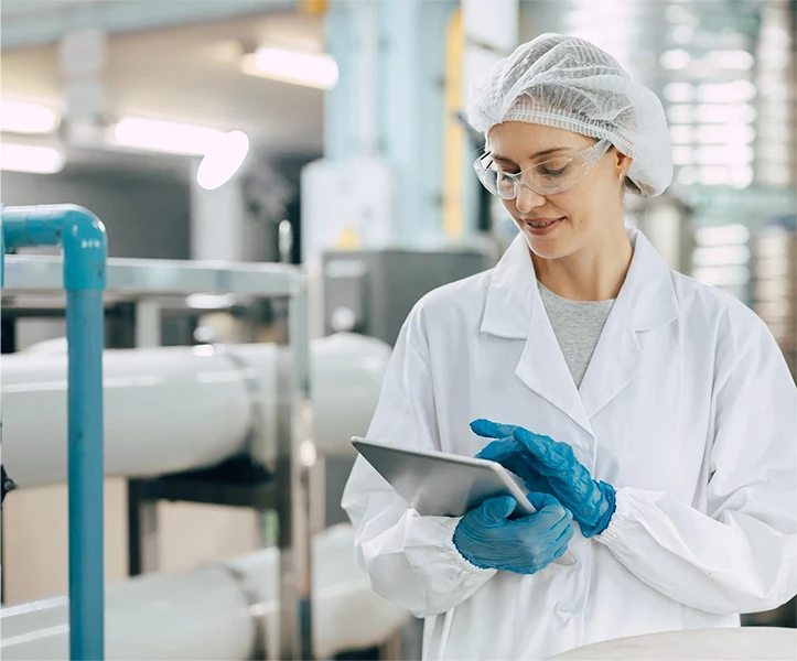 Operatrice di laboratorio con camice bianco, cuffia e guanti blu che utilizza un tablet in un ambiente industriale alimentare.