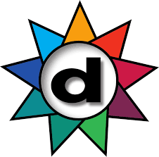 Logo mit einem schwarzen Buchstaben d in einem weißen Kreis, umgeben von einem Stern mit neun farbigen Zacken.
