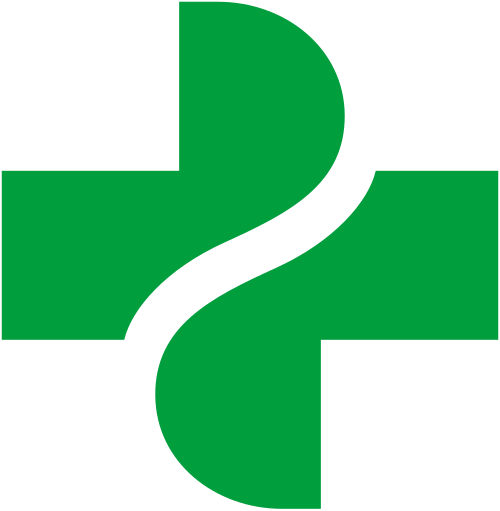 Grünes Kreuz mit geschwungener Form in der Mitte, Symbol für Online-Apotheke.