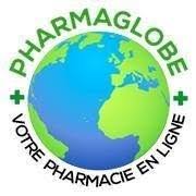 Logo mit einer stilisierten Weltkugel und dem Text ‚PHARMAGLOBE‘ darüber sowie ‚VOTRE PHARMACIE EN LIGNE‘ darunter.