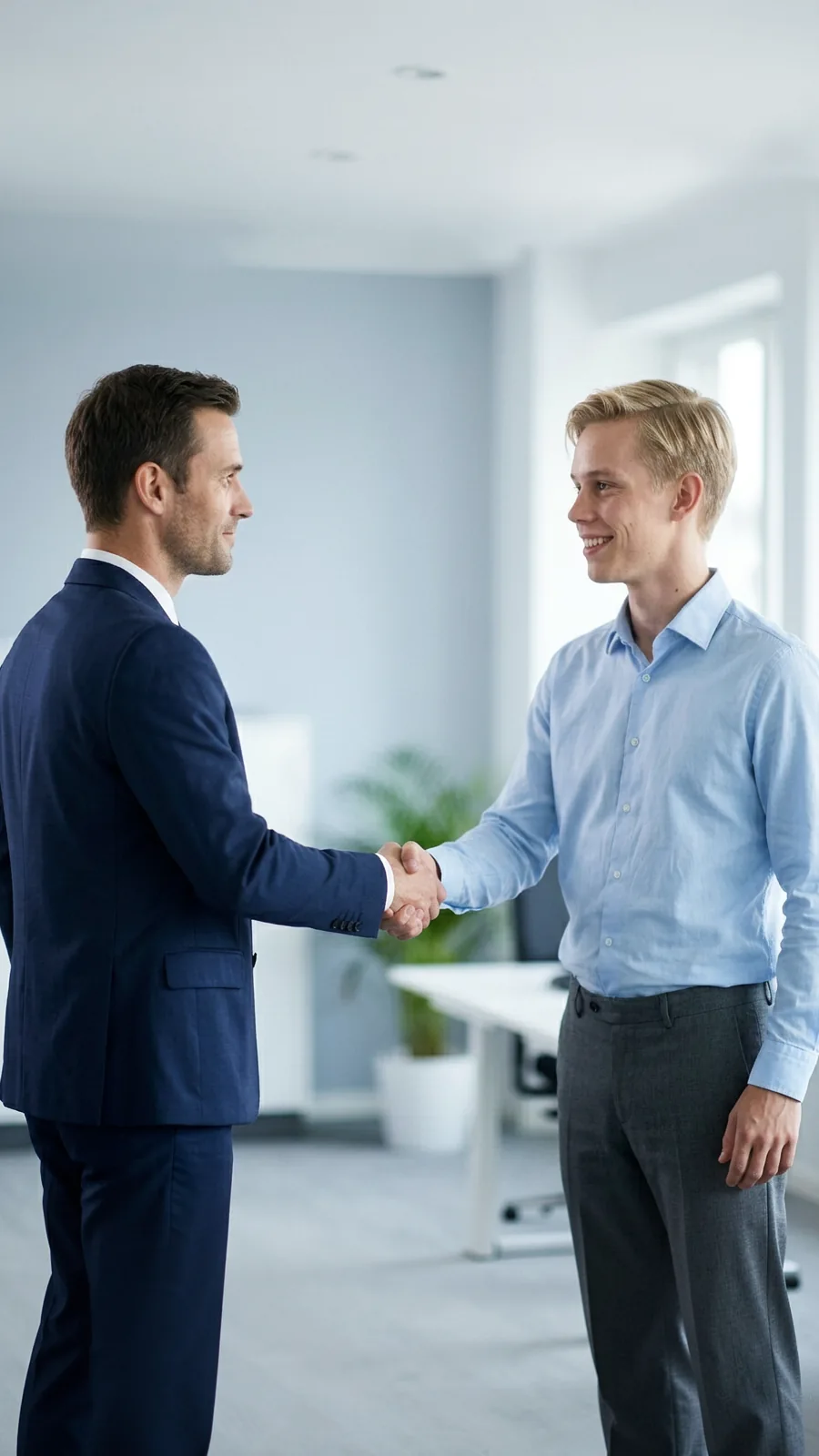 Zwei Männer in einem Büro, die sich die Hand zur Begrüßung schütteln und lächeln.