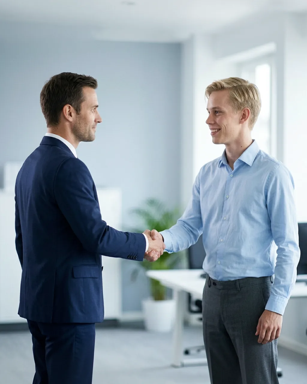 Zwei Männer im Büro geben sich die Hände bei einem geschäftlichen Treffen.