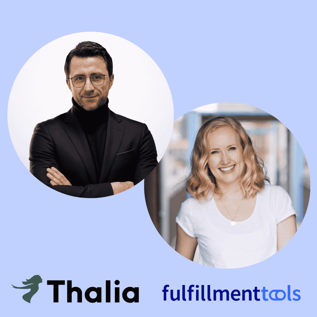 Headshots of man in black suit and woman in white shirt on a light blue background with Thalia and fulfillment tools logos