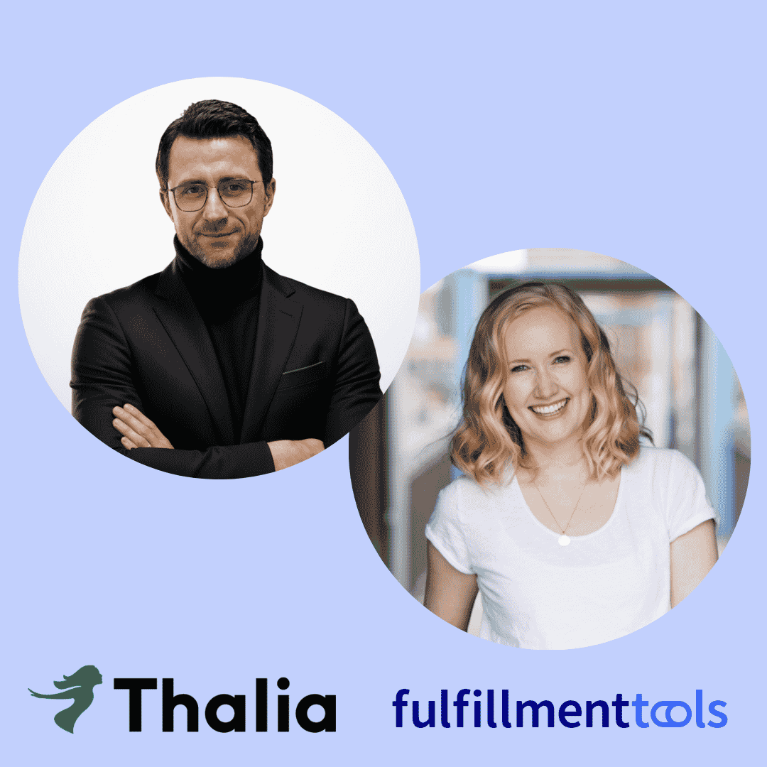 Headshots of man in black suit and woman in white shirt on a light blue background with Thalia and fulfillment tools logos