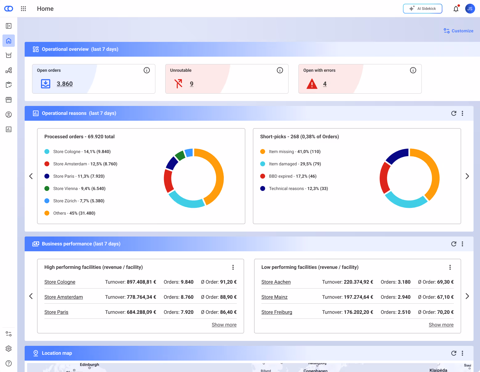 Dashboard showing operational overview, reasons, business performance, and location map with charts and data tables.