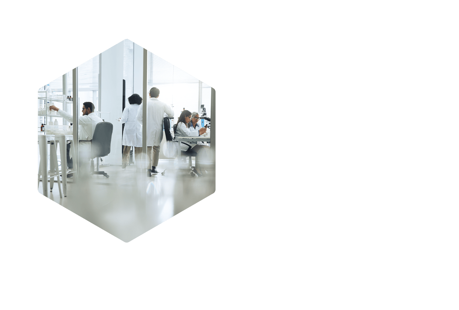 Scientists in white lab coats working and collaborating in a bright modern laboratory.