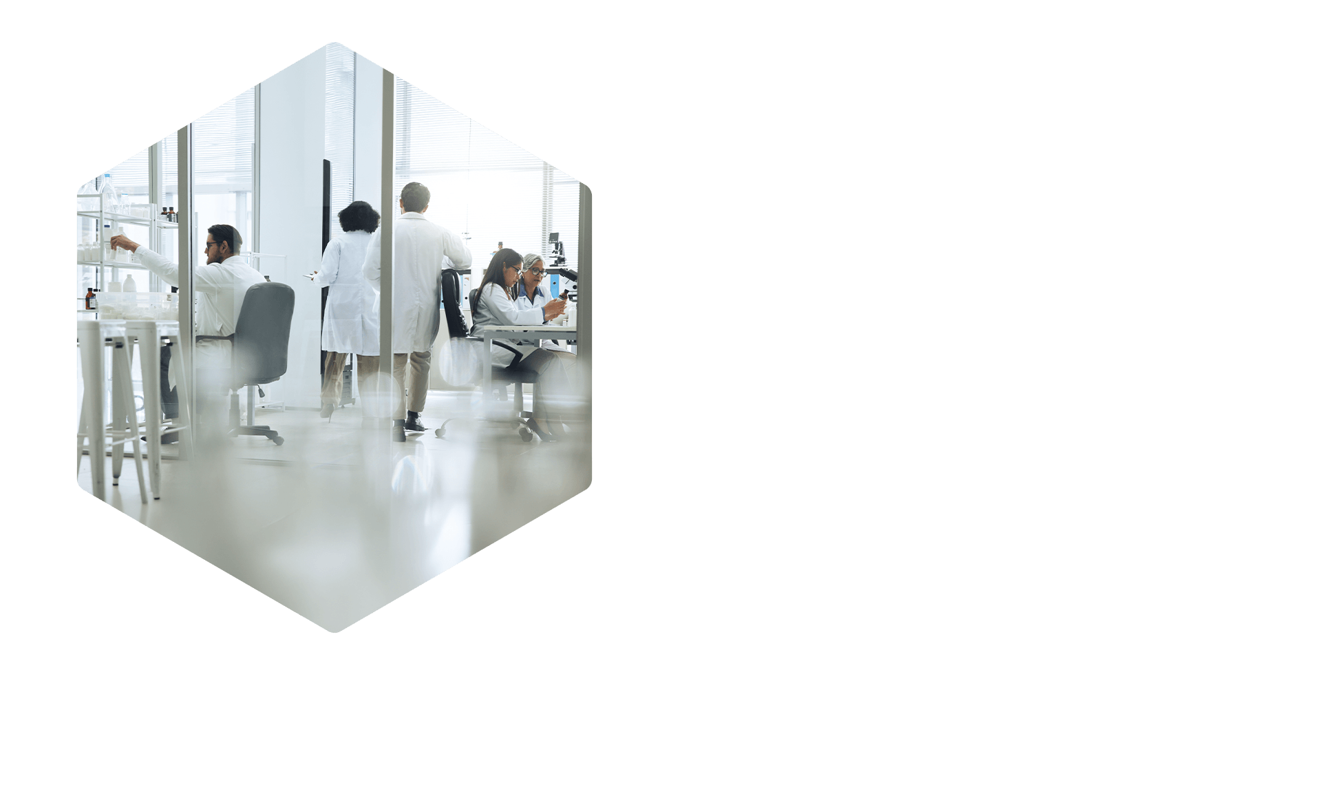Scientists in white lab coats working and collaborating in a bright modern laboratory.