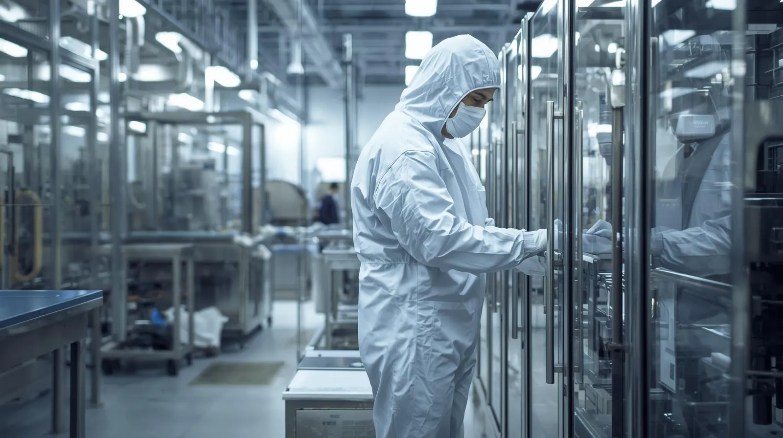 Gowned operator working at an isolator line in a pharmaceutical cleanroom