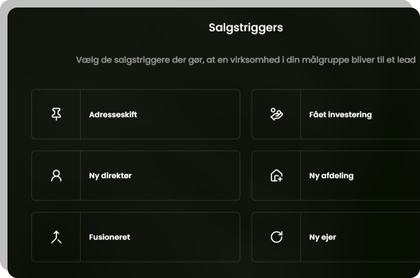 Lasso Sales salgstriggers interface med valgmuligheder som adresseskift, investering og ny direktør