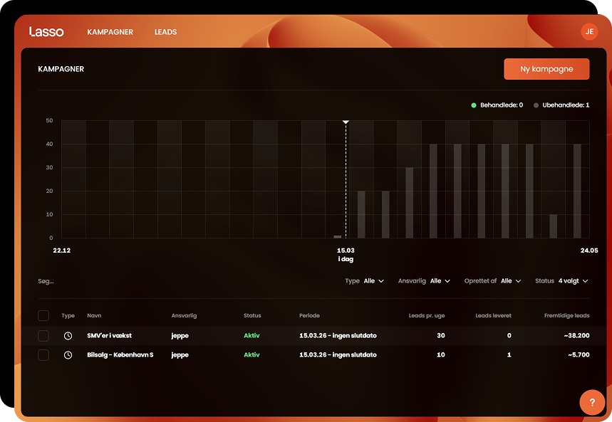 Lasso Sales kampagneoversigt dashboard med leadstatistik og realtidsdata
