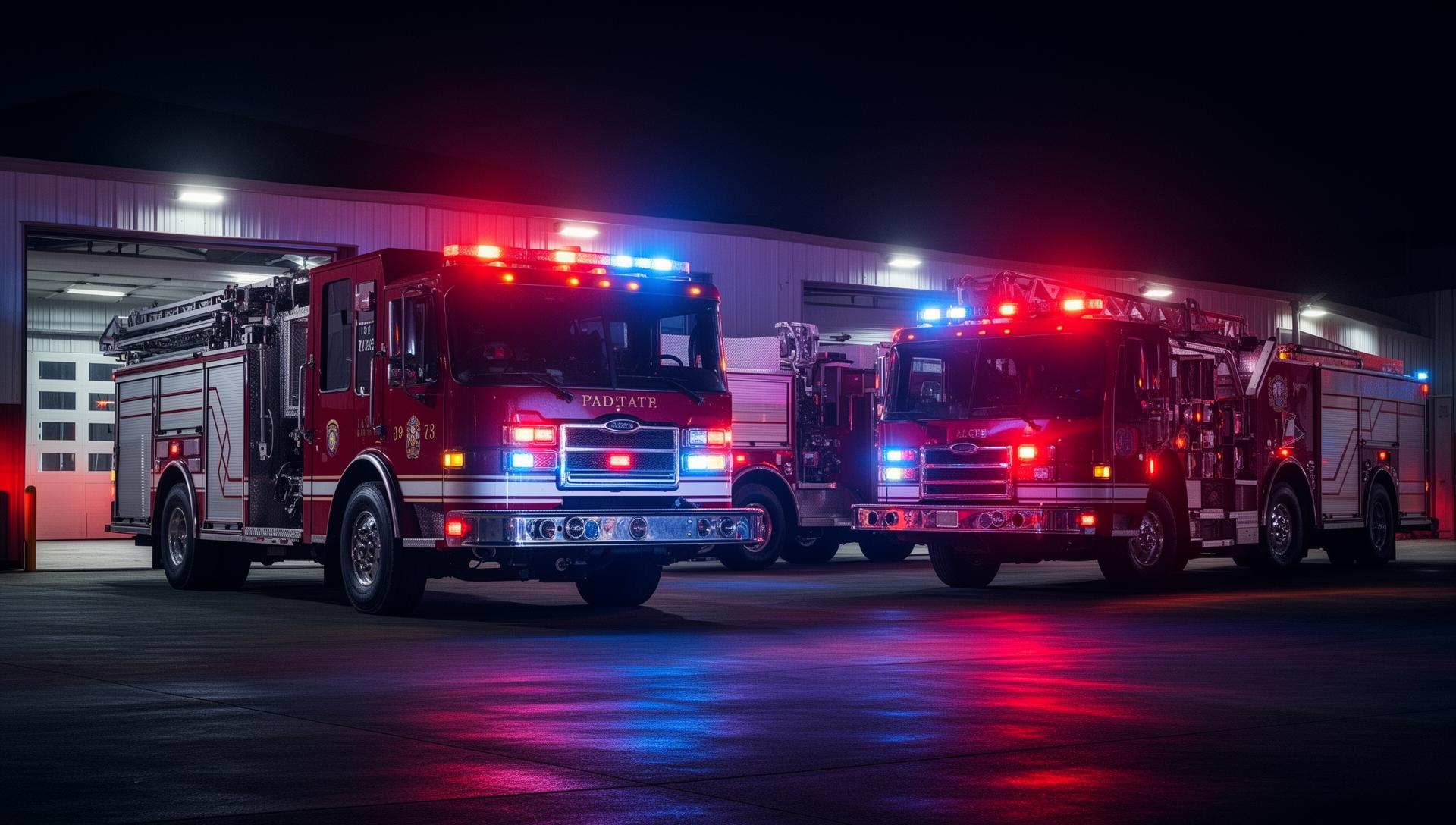 Fire trucks and EMS apparatus at fire station