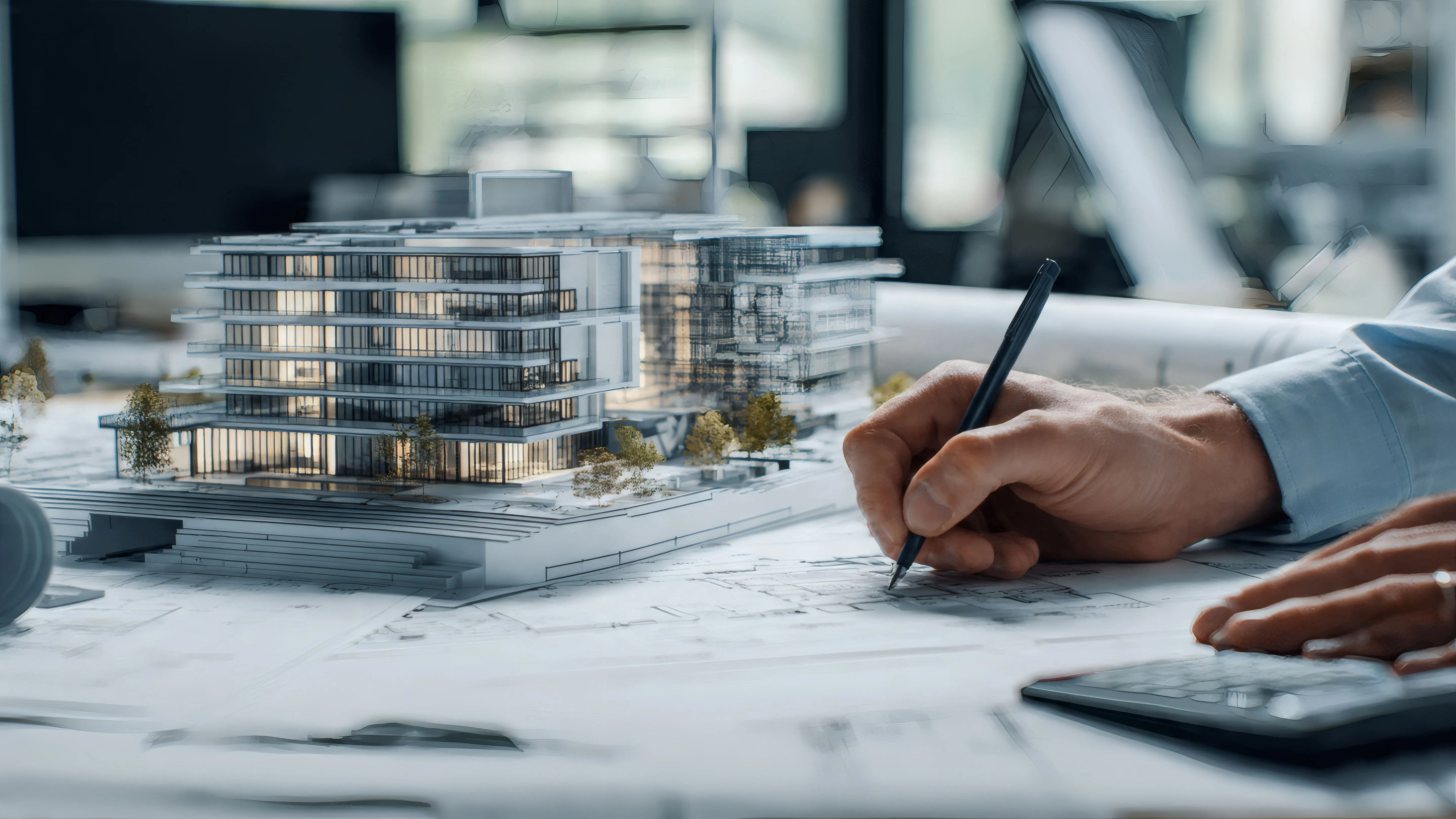 Hand zeichnet einen Stift auf Architekturplänen neben einem modernen Gebäude-Modell auf einem Tisch.