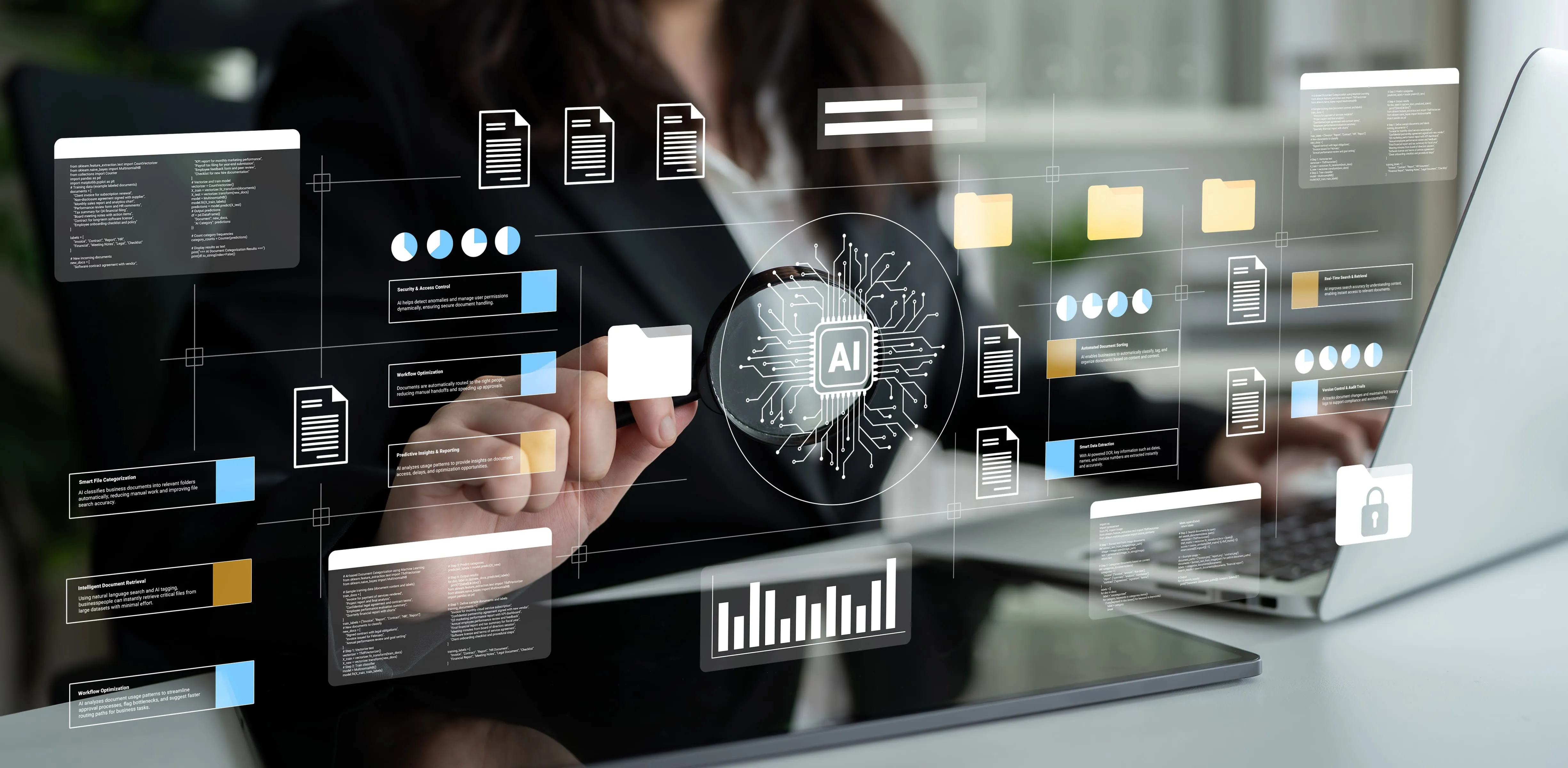 Person interacting with a digital interface displaying AI chip icon, document and folder icons, charts, and data analytics on a transparent screen in front of a laptop and tablet.