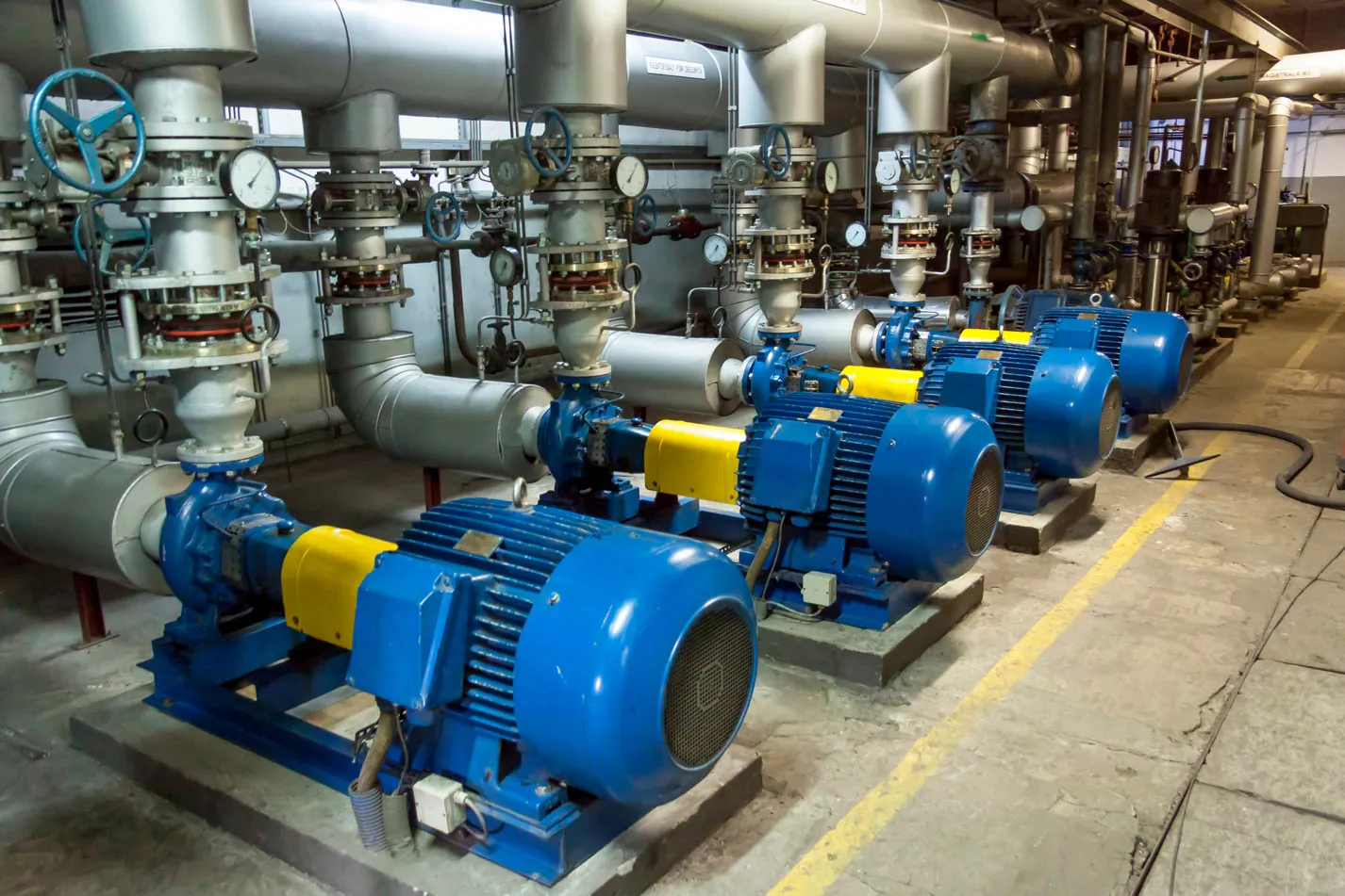 Mehrere blaue industrielle Pumpen in einer Reihe mit silbernen Rohren und Manometern in einer Fabrikumgebung.